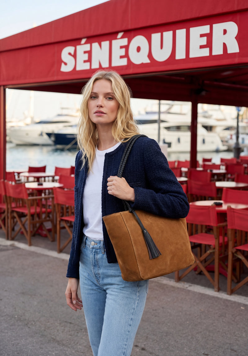 Velvet zipped Parisian tote bag with braided handle
