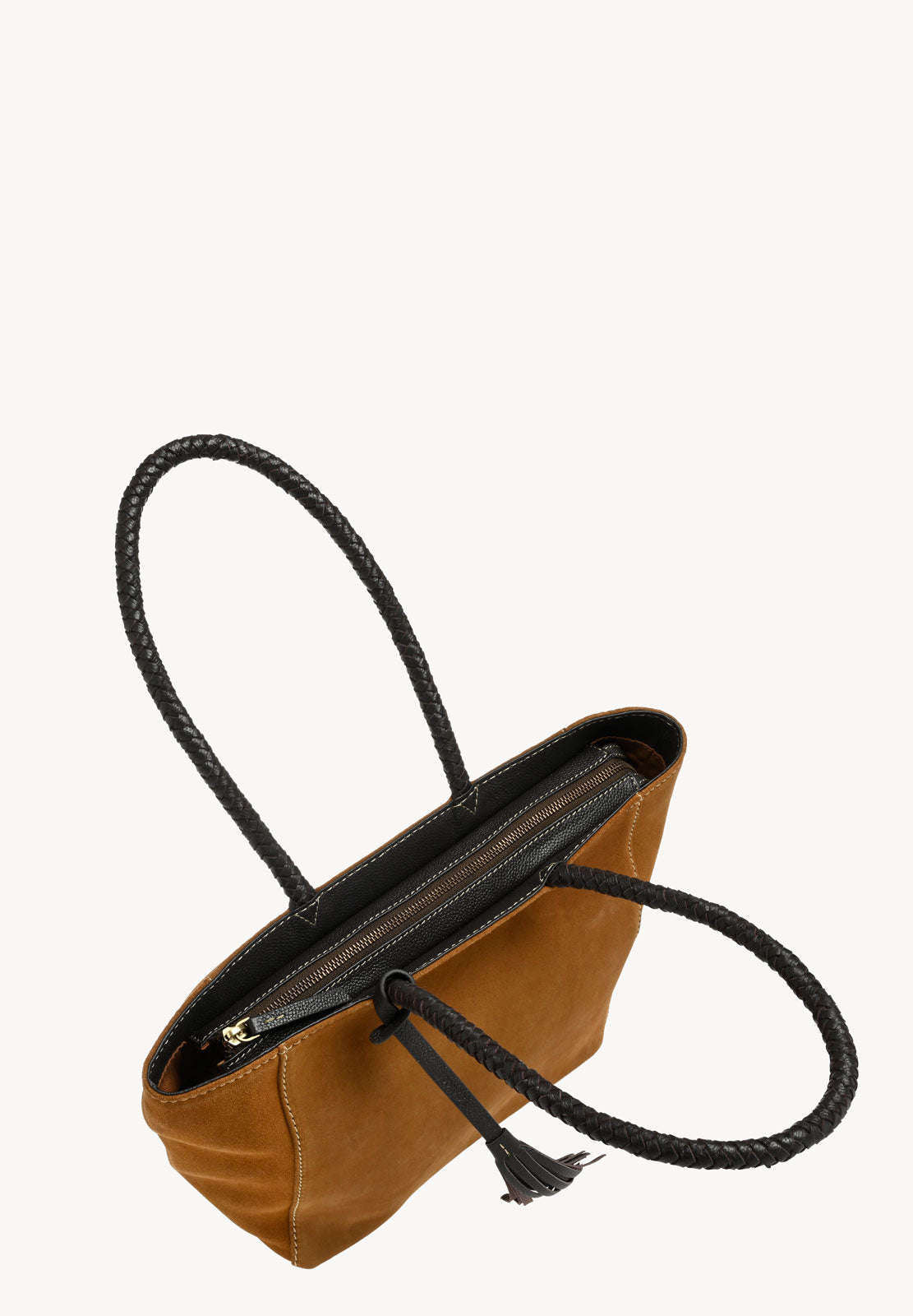 Suede Tote Bag with Braided Handles, Cognac