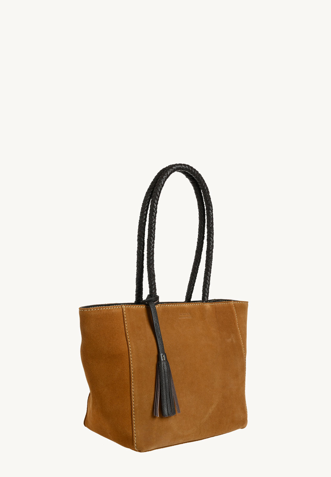 Suede Tote Bag with Braided Handles, Cognac