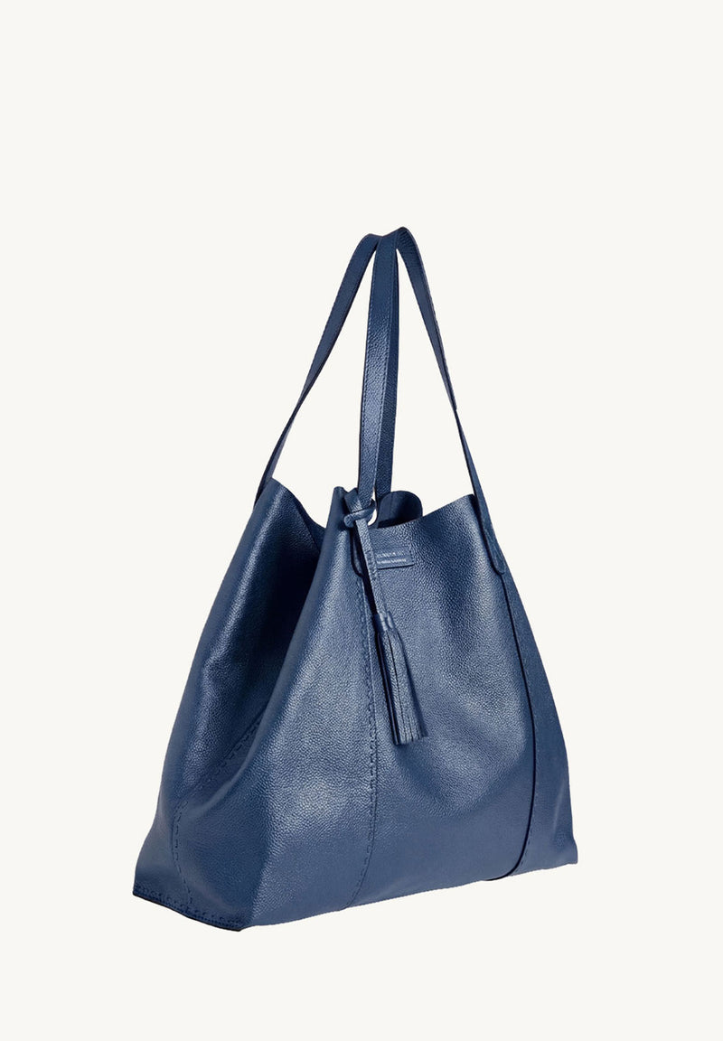 ODÉON - Sac cabas souple en cuir grainé piqué main contrasté Blue Jean