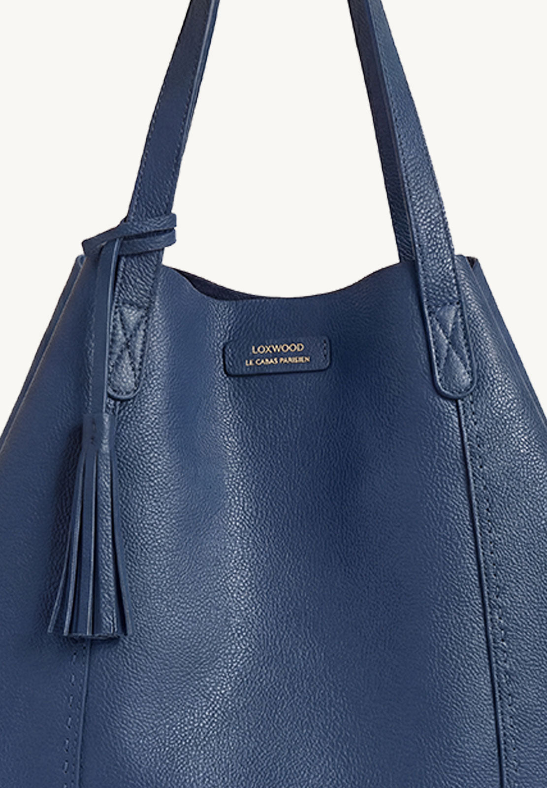 ODÉON - Sac cabas souple en cuir grainé piqué main contrasté Blue Jean