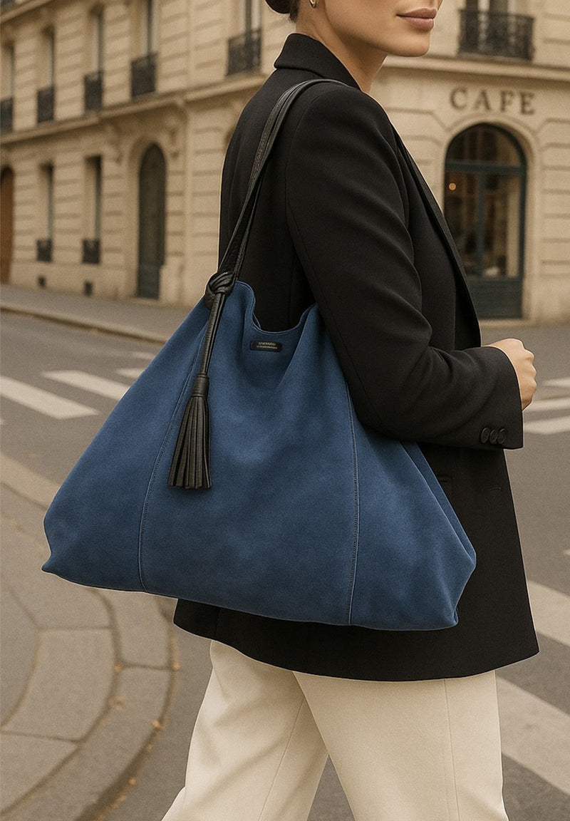 ODEON - Soft suede tote bag decorated with contrasting hand stitching