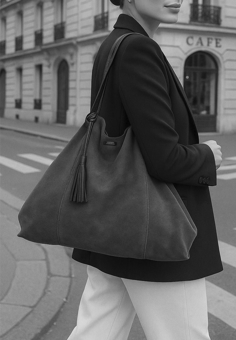 ODEON - Soft suede tote bag decorated with contrasting hand stitching