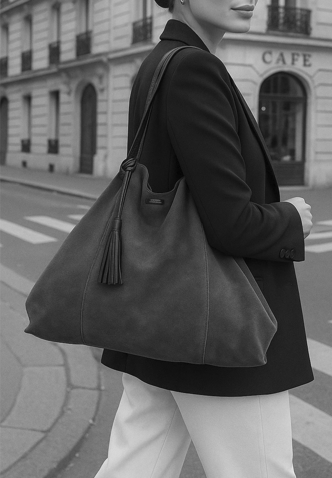 ODEON - Soft suede tote bag decorated with contrasting hand stitching