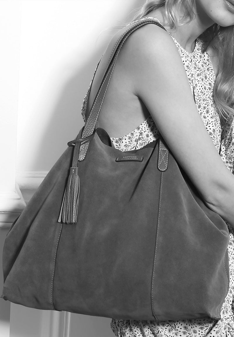 ODÉON - Sac cabas souple en daim orné d'un piqué main contrasté