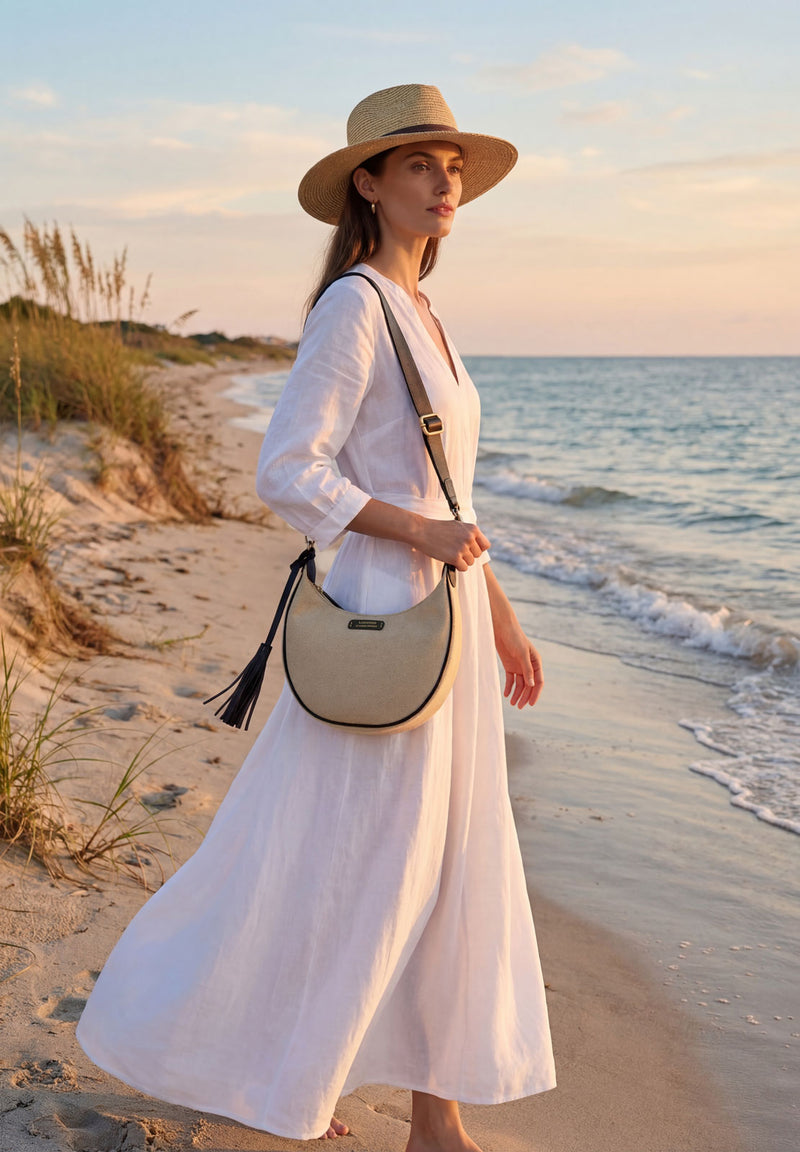 ALBANE - Sac demi lune en toile & cuir