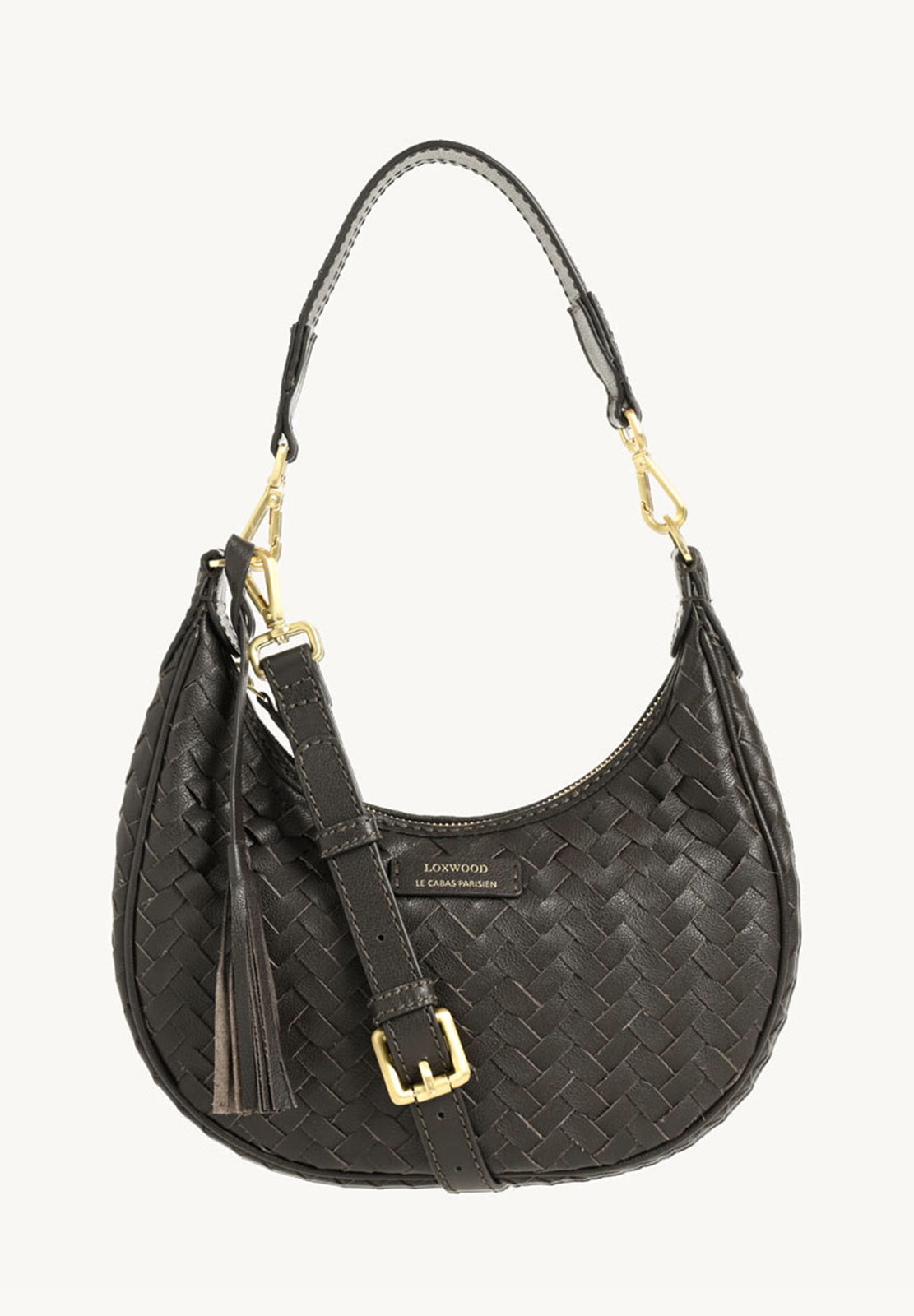 ALBANE - Sac demi lune en cuir tressé Chocolat