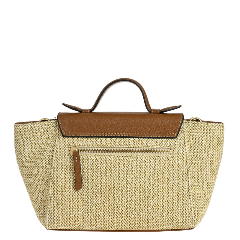 SASHA - Small bag with flap and handle in raffia and leather