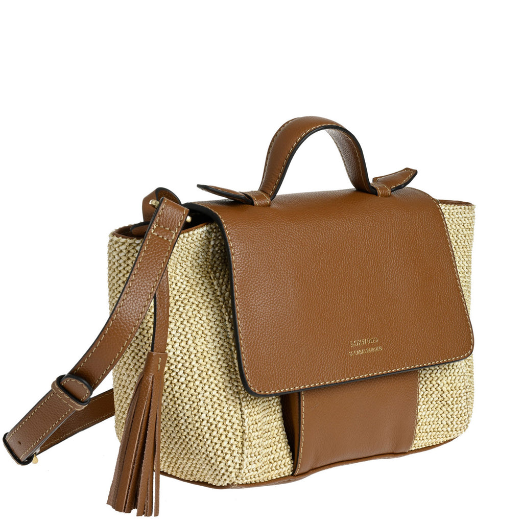 SASHA - Small bag with flap and handle in raffia and leather