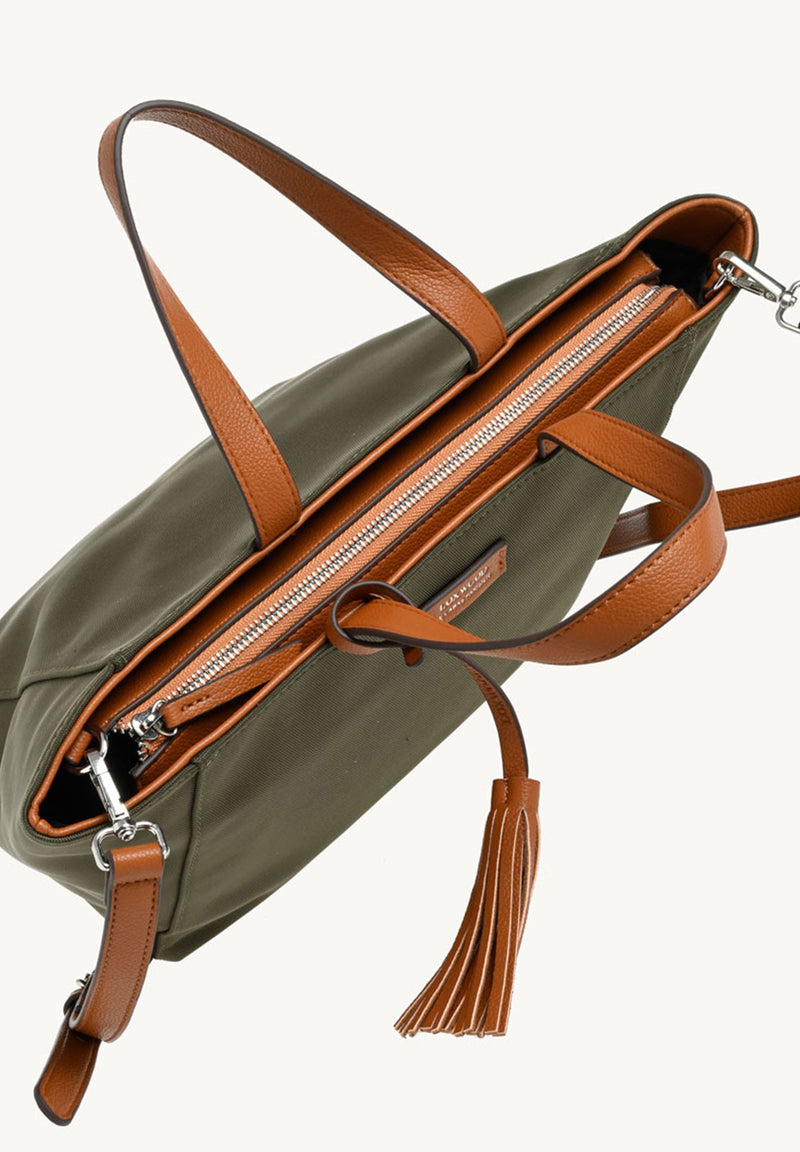 Small zipped tote bag with khaki nylon shoulder strap