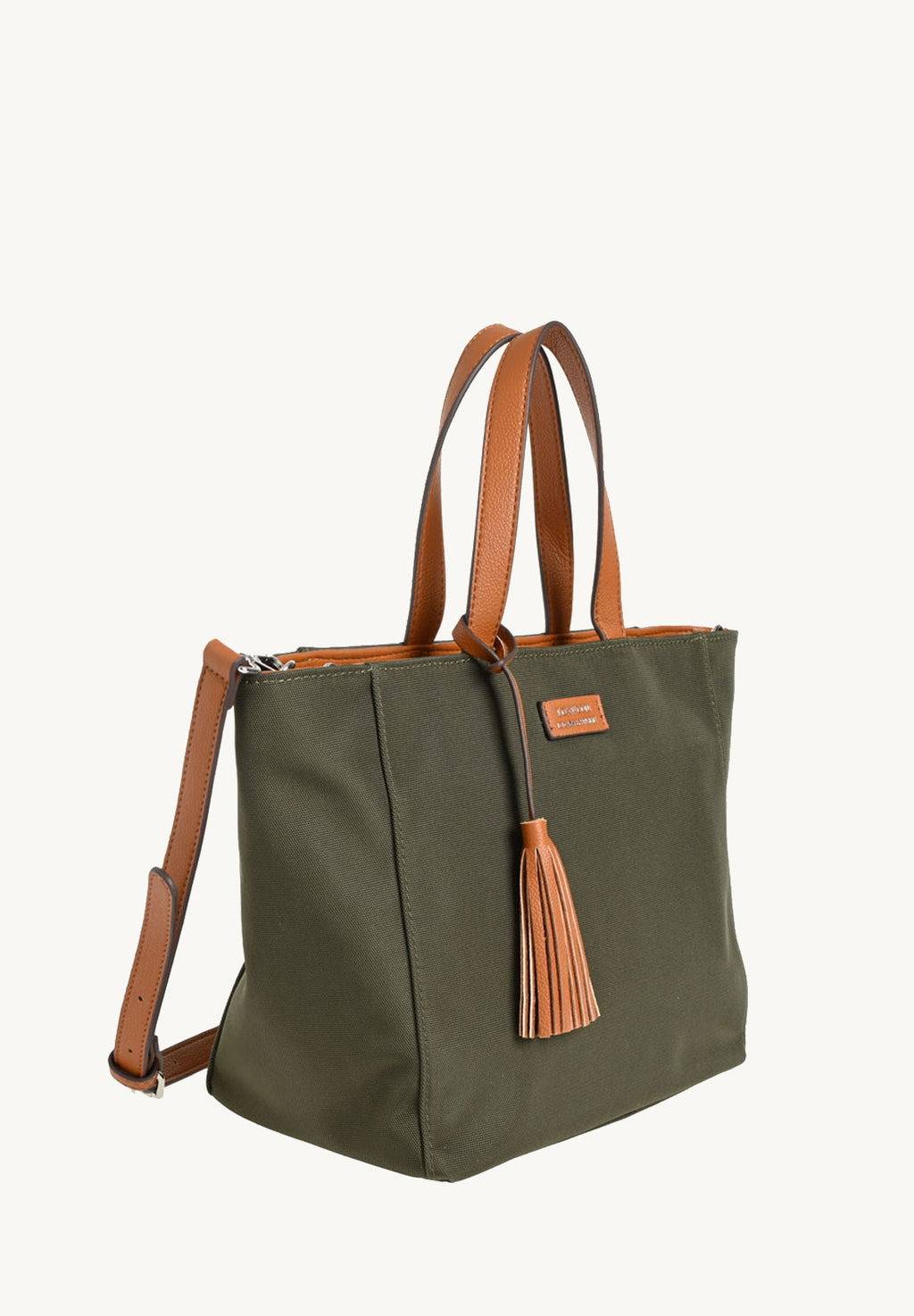 Small zipped tote bag with khaki nylon shoulder strap