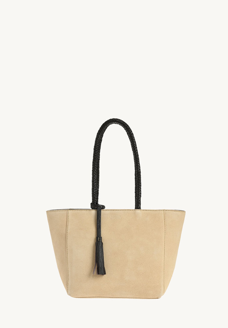 Suede Tote Bag with Braided Handles - Champagne