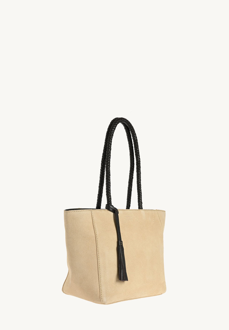 Suede Tote Bag with Braided Handles - Champagne