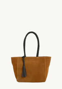 Suede Tote Bag with Braided Handles, Cognac