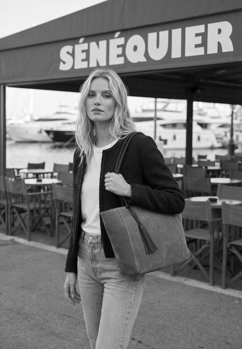 Cabas Parisien zippé en velours avec poignée tressée