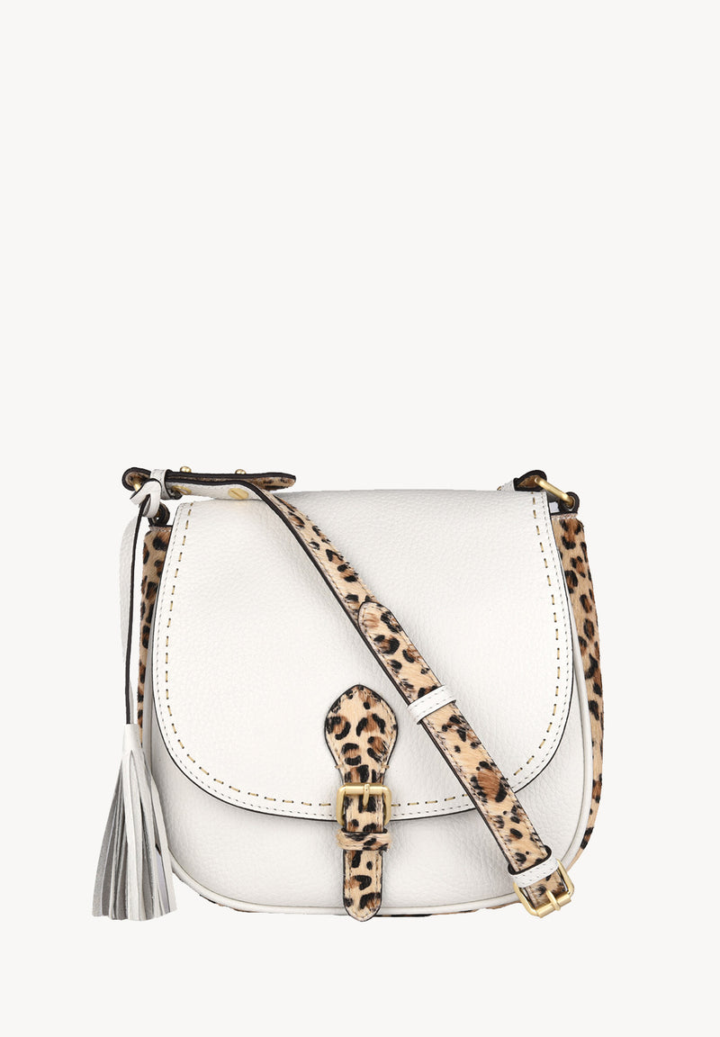 LIVIA - Sac Besace en cuir grainé finitions poil de vachette imprimé léopard