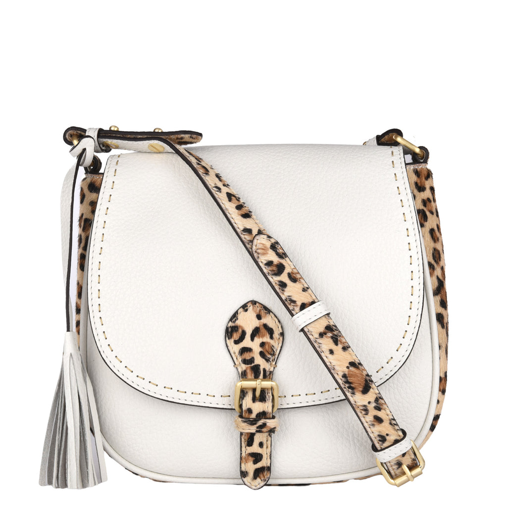 LIVIA - Grained leather messenger bag with leopard print cowhide hair finish