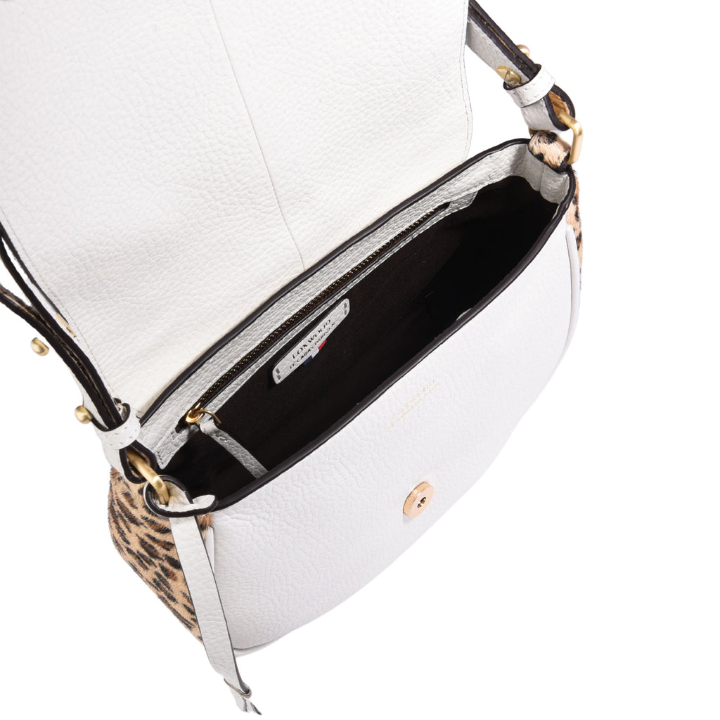 LIVIA - Grained leather messenger bag with leopard print cowhide hair finish