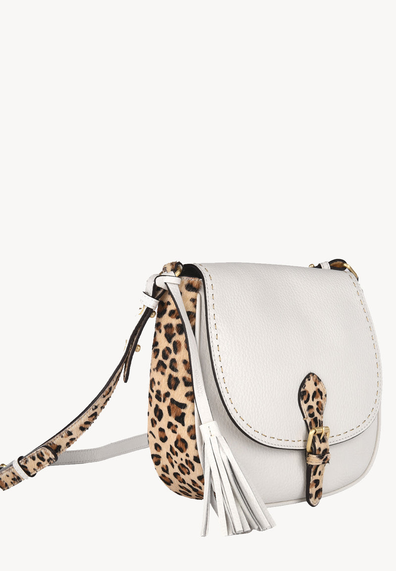 LIVIA - Sac Besace en cuir grainé finitions poil de vachette imprimé léopard