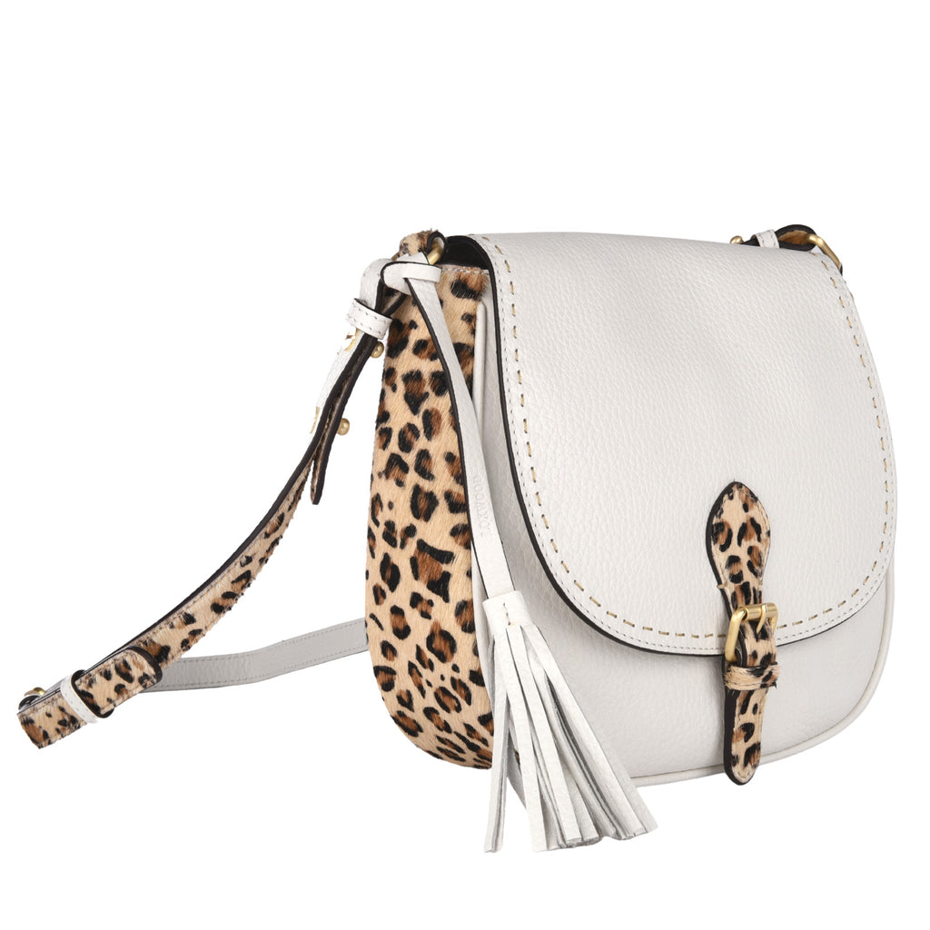 LIVIA - Grained leather messenger bag with leopard print cowhide hair finish