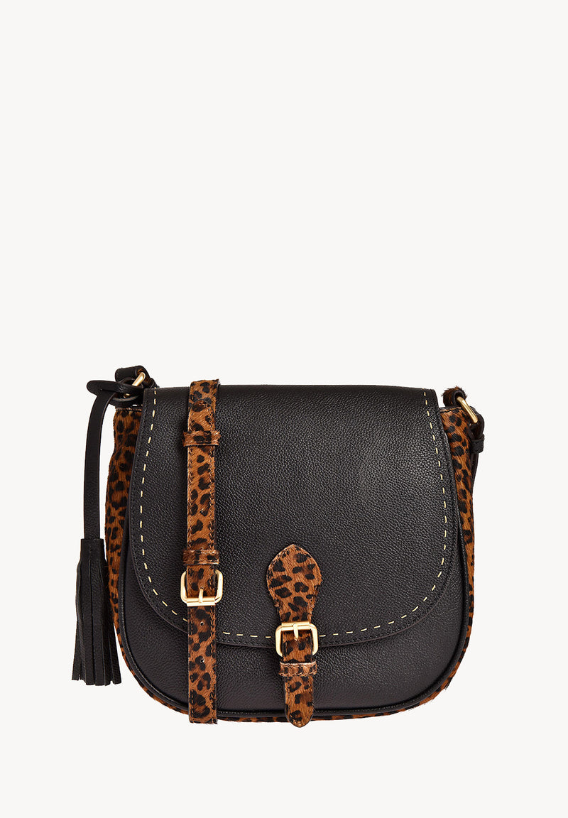 LIVIA - Sac Besace en cuir grainé finitions poil de vachette imprimé léopard