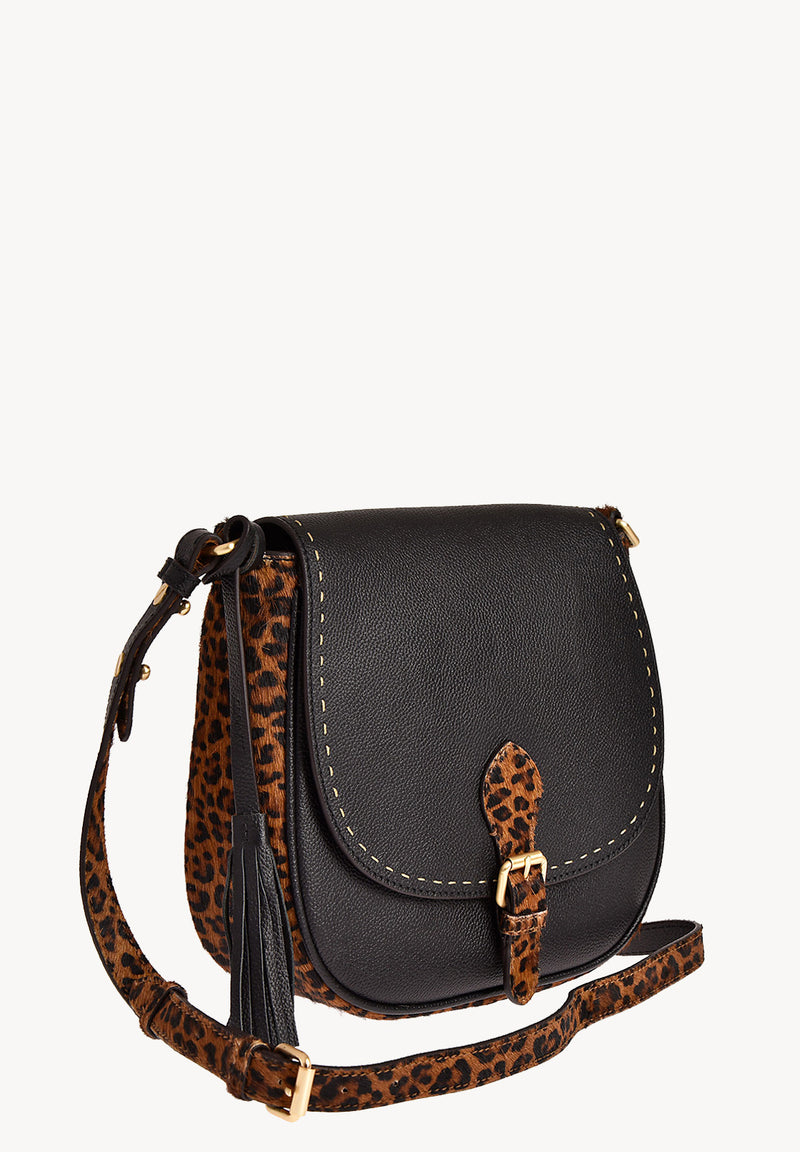 LIVIA - Sac Besace en cuir grainé finitions poil de vachette imprimé léopard