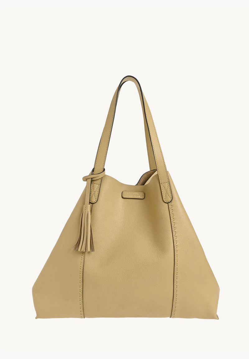 ODÉON - Sac cabas souple en cuir grainé piqué main contrasté Champagne