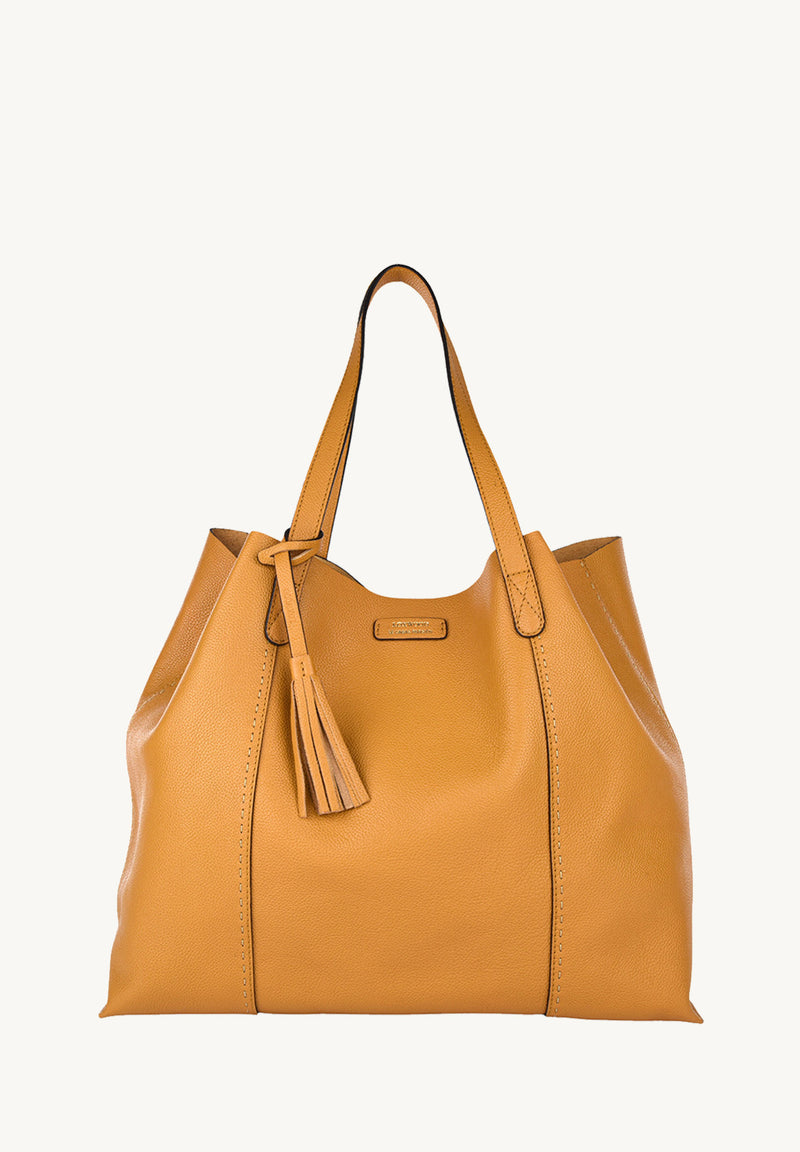 ODÉON - Soft tote bag in contrasting hand-stitched grained leather in Mustard
