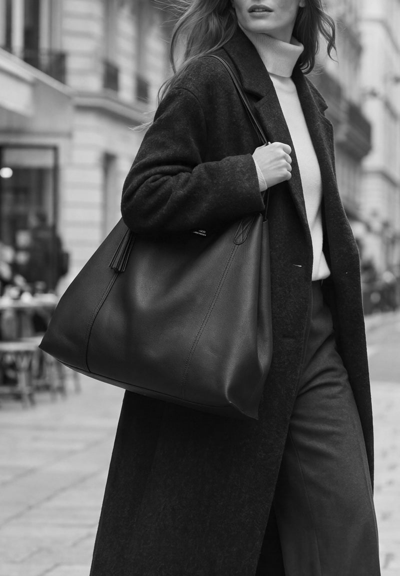 ODÉON - Sac cabas souple en cuir grainé piqué main contrasté