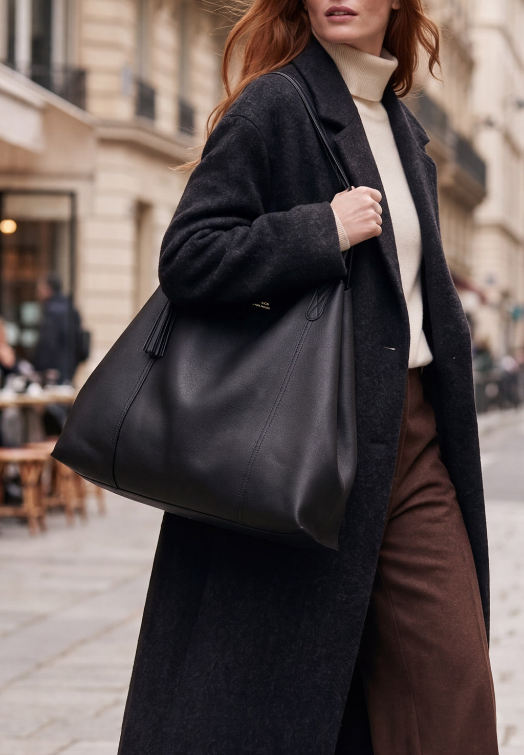 ODÉON - Sac cabas souple en cuir grainé piqué main contrasté