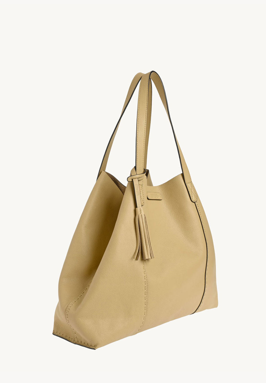 ODÉON - Sac cabas souple en cuir grainé piqué main contrasté Champagne