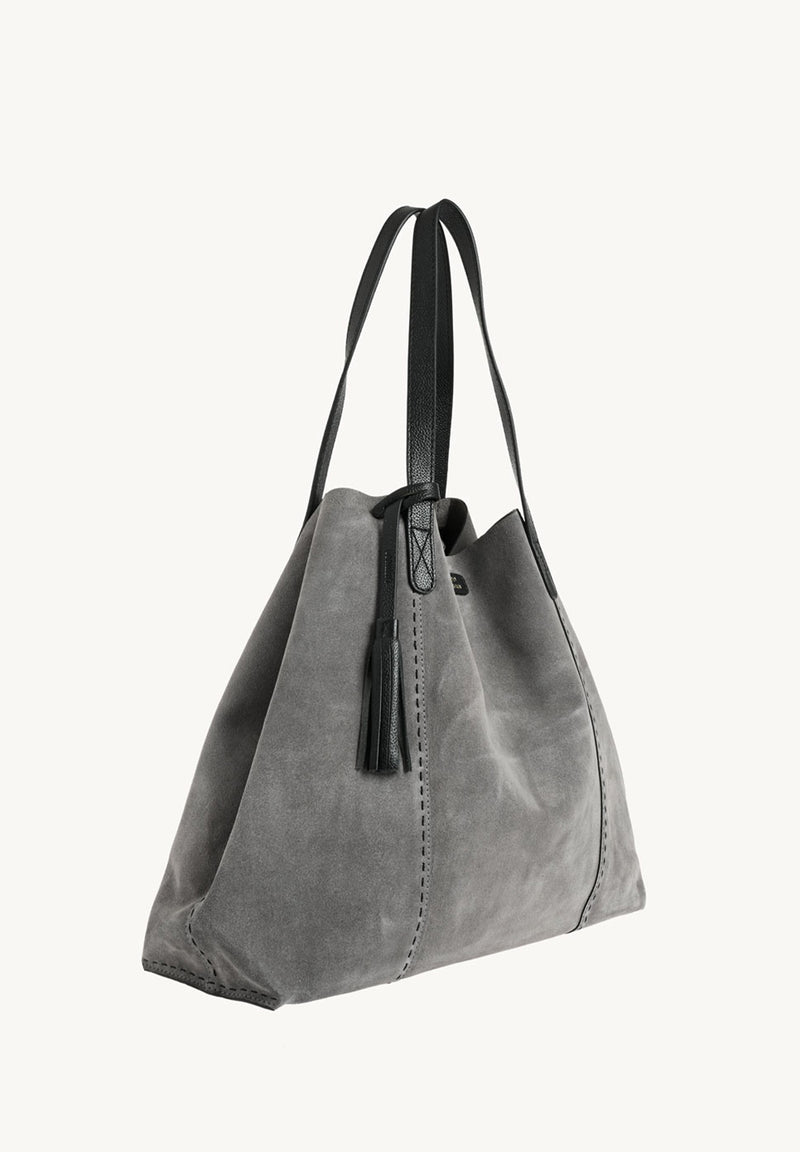ODÉON - Sac cabas souple en daim orné d'un piqué main contrasté