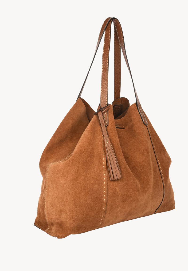 ODÉON - Sac cabas souple en daim orné d'un piqué main contrasté