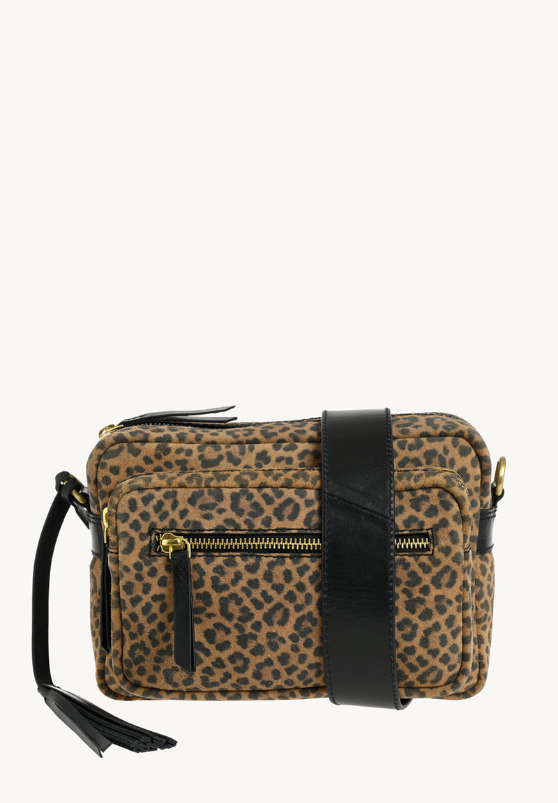 CLARA - Petit sac trotteur en cuir velours imprimé léopard