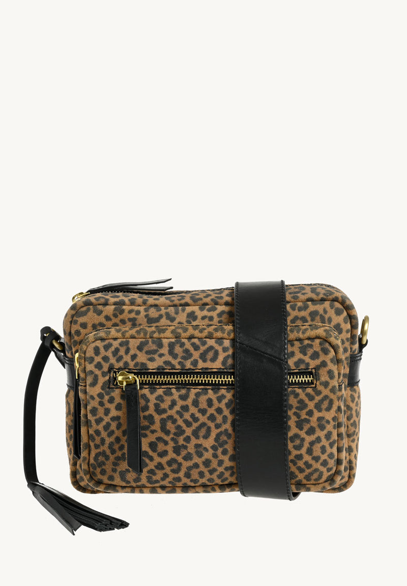 CLARA - Small leopard print suede saddle bag