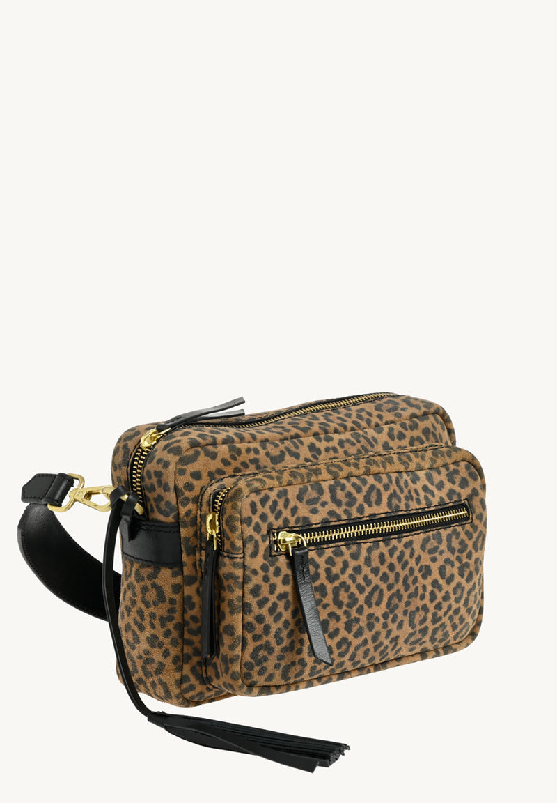 CLARA - Petit sac trotteur en cuir velours imprimé léopard