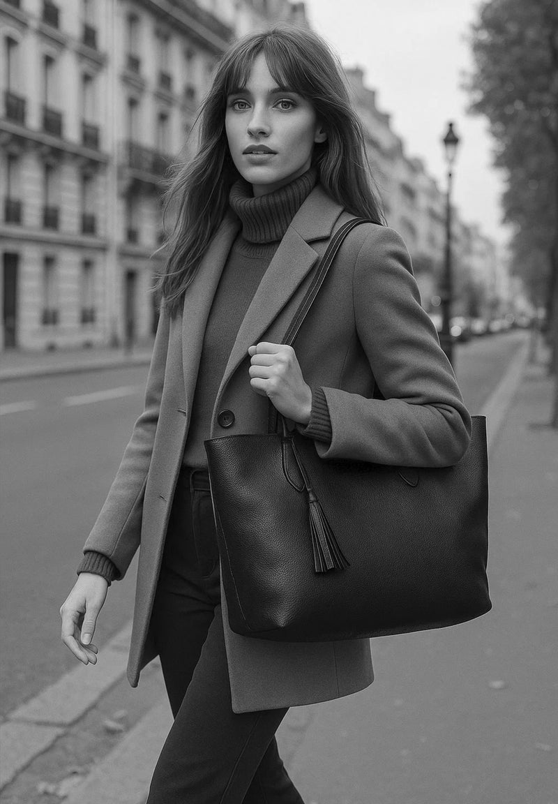 SHOPPER - Sac porté épaule en cuir grainé Mastic
