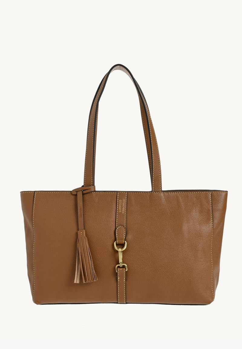 ÉNORA - Sac fourre tout en cuir grainé avec mousqueton Brandy