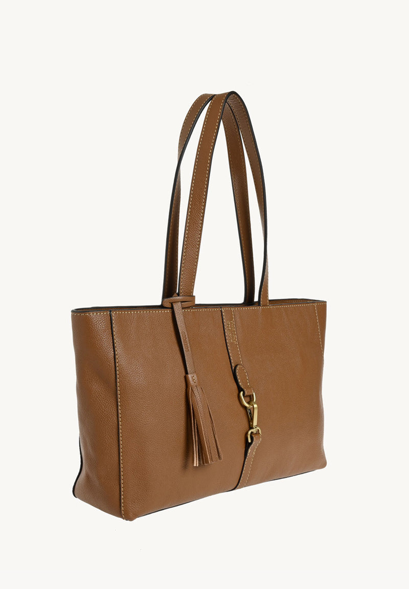 ÉNORA - Sac fourre tout en cuir grainé avec mousqueton Brandy