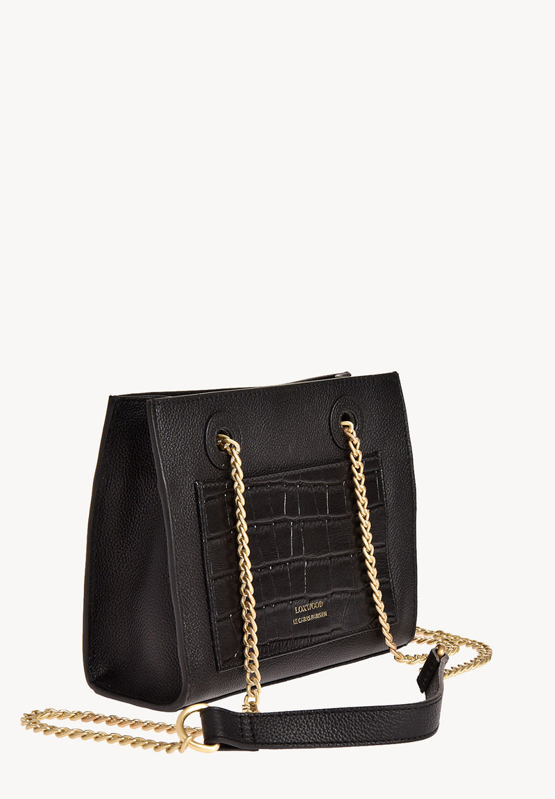 BABY JO - Mini grained leather bag with crocodile print pocket and chains