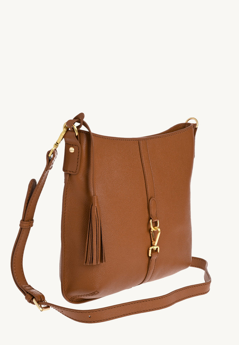 CELIA - Grained leather satchel bag with Brandy carabiner 