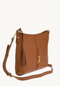CELIA - Grained leather satchel bag with Brandy carabiner 