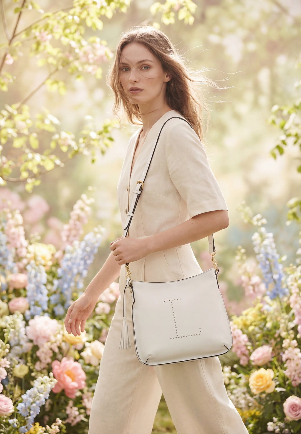 CELIA L - Sac besace en cuir grainé Craie