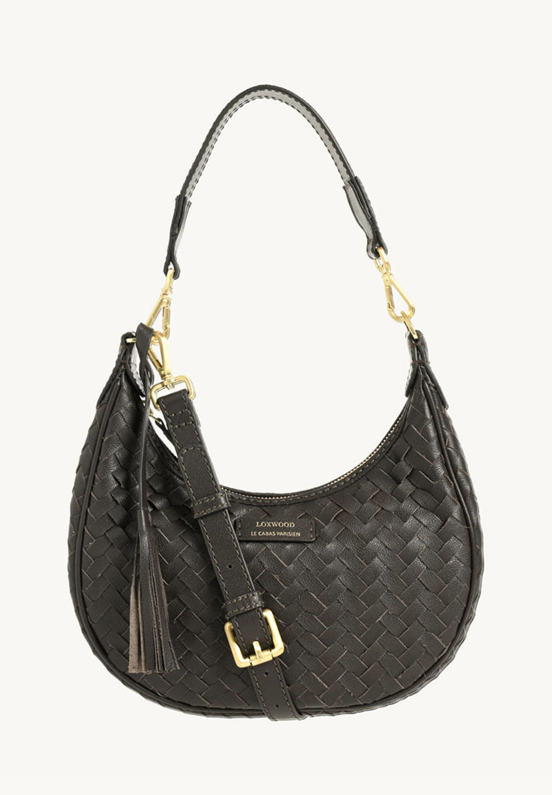 ALBANE - Sac demi lune en cuir tressé Chocolat