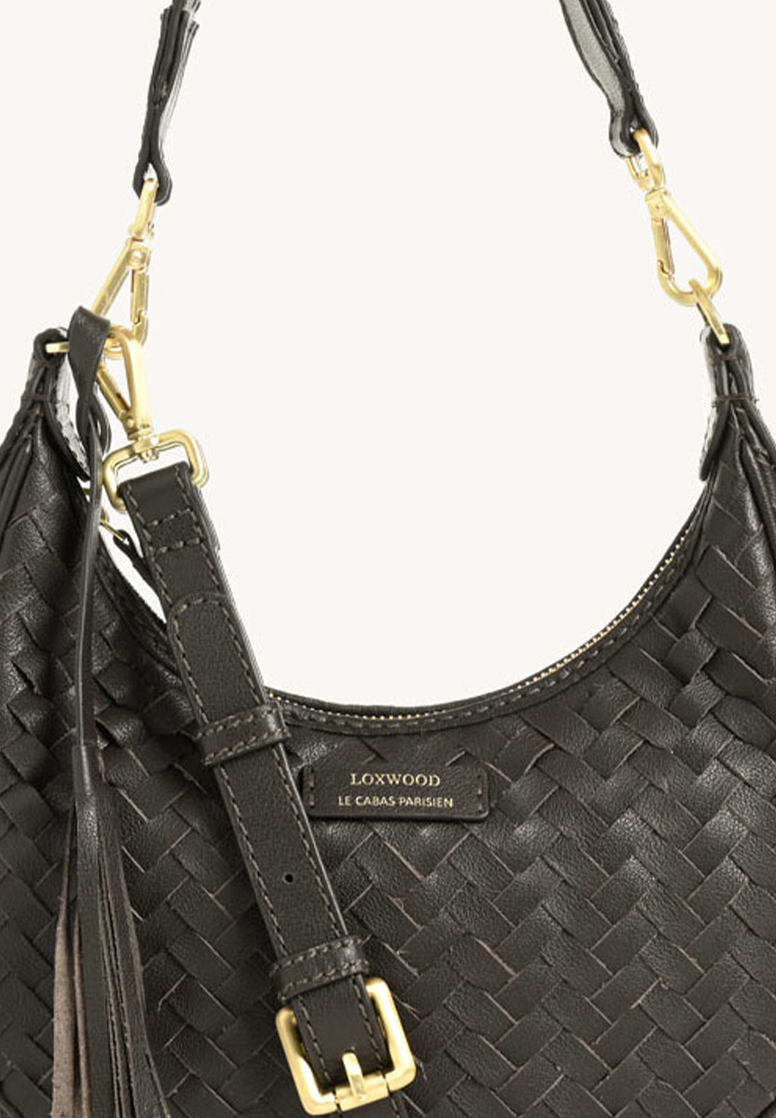 ALBANE - Sac demi lune en cuir tressé chocolat