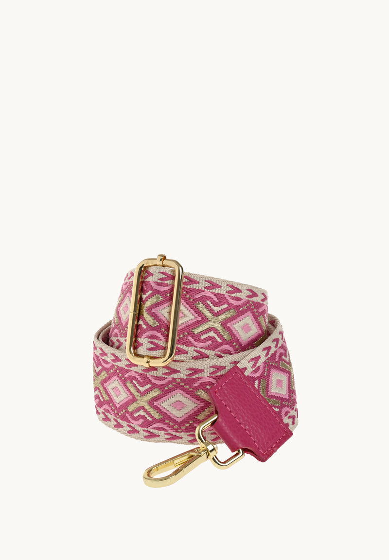 Ethnic print shoulder bag - Fuchsia textile and leather