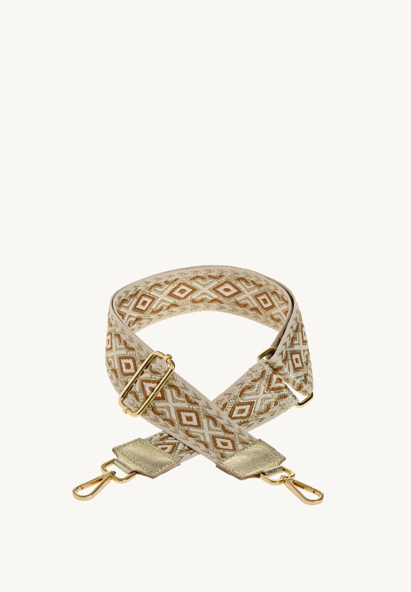 Ethnic print shoulder strap - Gold textile and leather