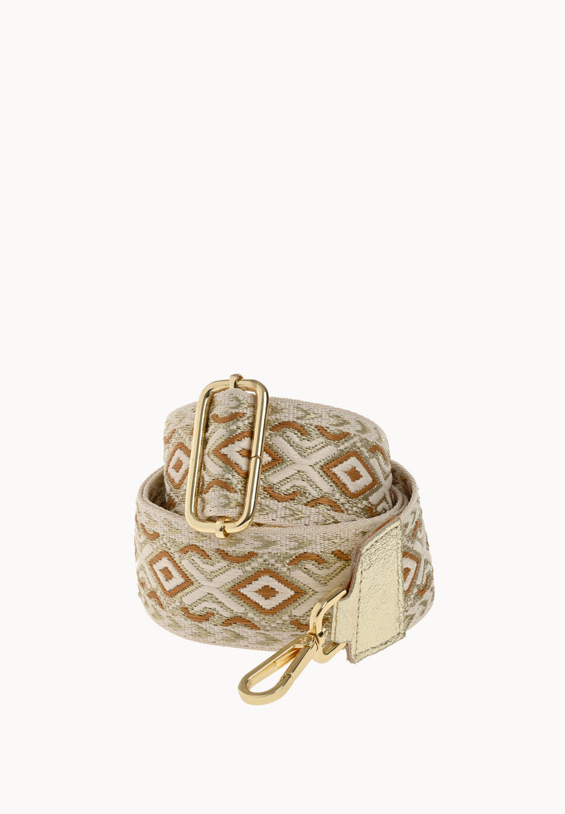 Ethnic print shoulder strap - Gold textile and leather