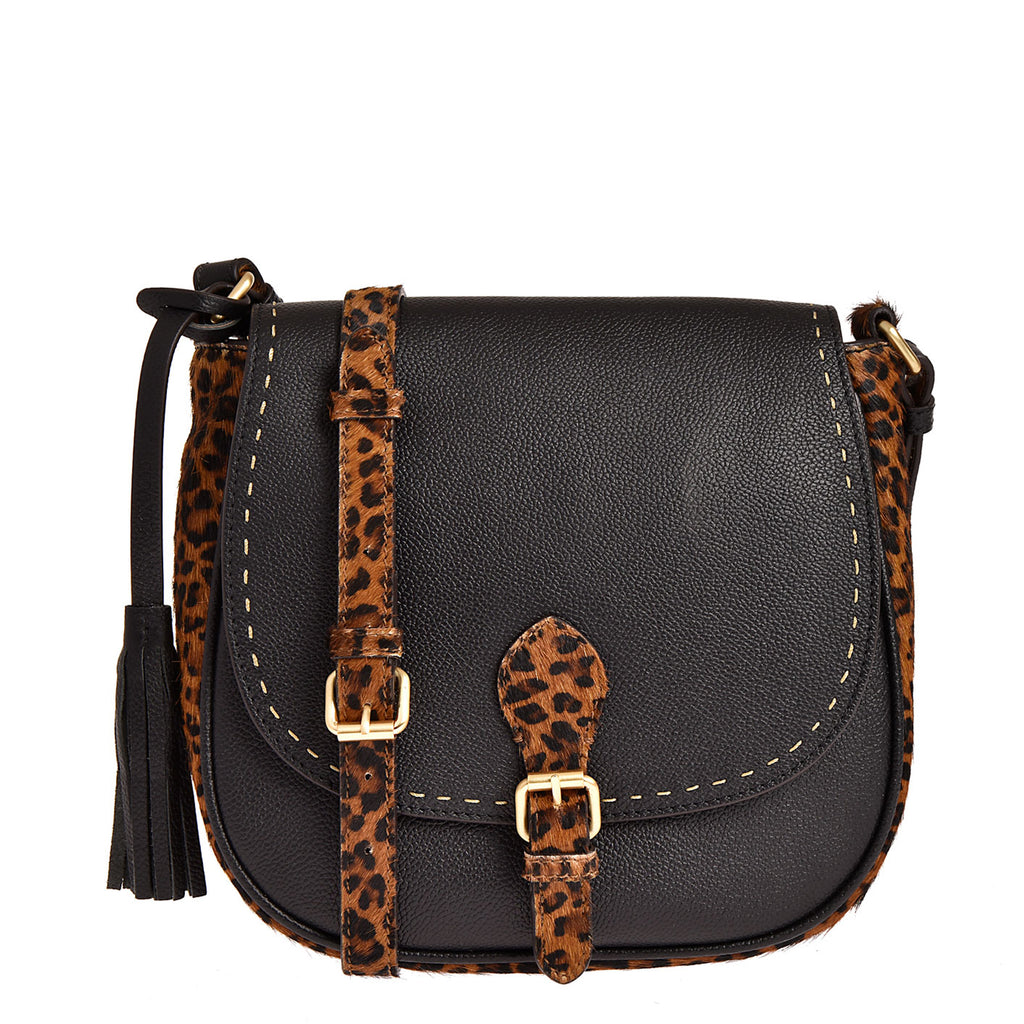 LIVIA - Grained leather messenger bag with leopard print cowhide hair finish