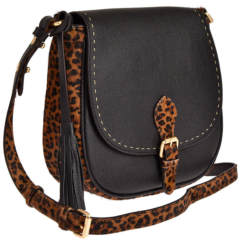 LIVIA - Grained leather messenger bag with leopard print cowhide hair finish